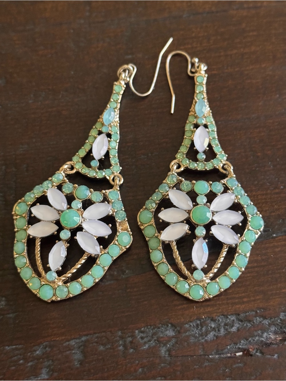 Gold Tone Green and White Floral Drop Earrings